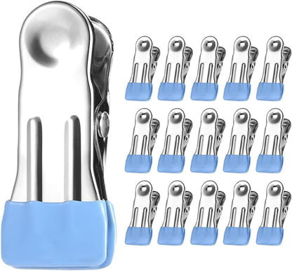 Clothes Hangers Heavy Duty 15Pack, 2.17 Inch Metal Clips, Clothespins for Photo Drying Clothesline Laundry Sock, Bag Clips for Food Kitchen Stainless Steel with Rubber, Blue