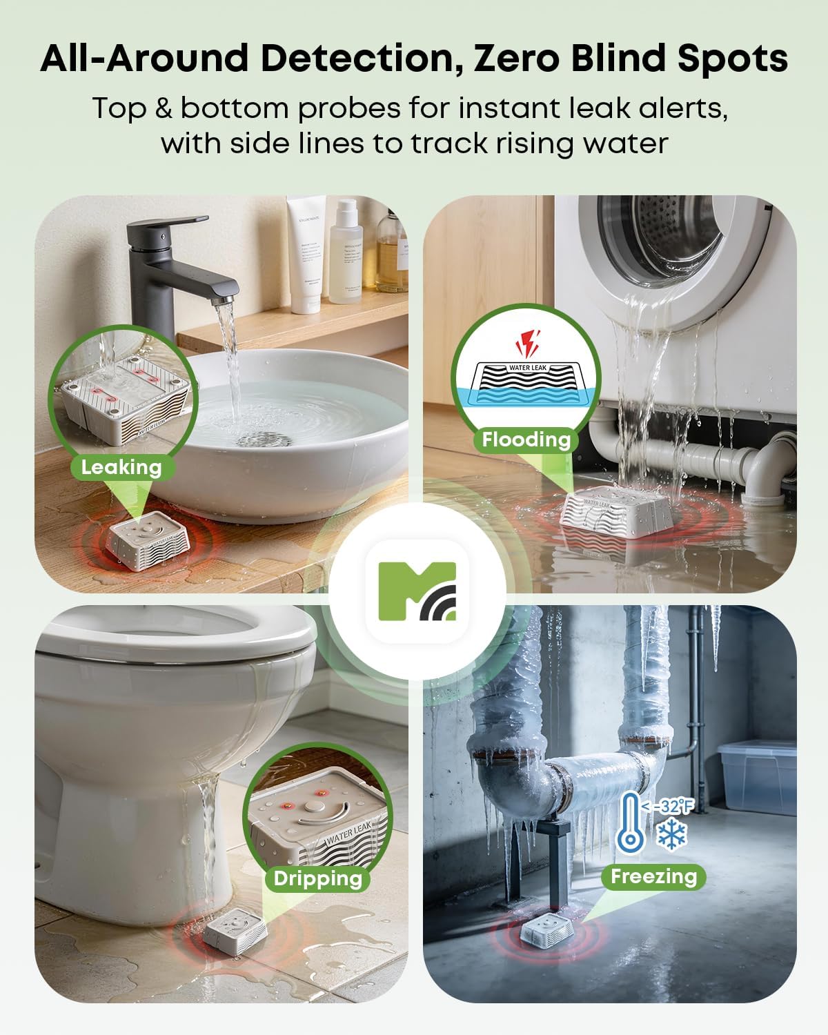 MOCREO WiFi Water Leak Detector Kit, 2000ft Long Range, SMS App Email Alerts, 105dB Adjustable Alarm, Leak Severity Tracking, 5-Year Battery Life, 3 IP67 Water Leak Sensors for Home Basement Kitchen