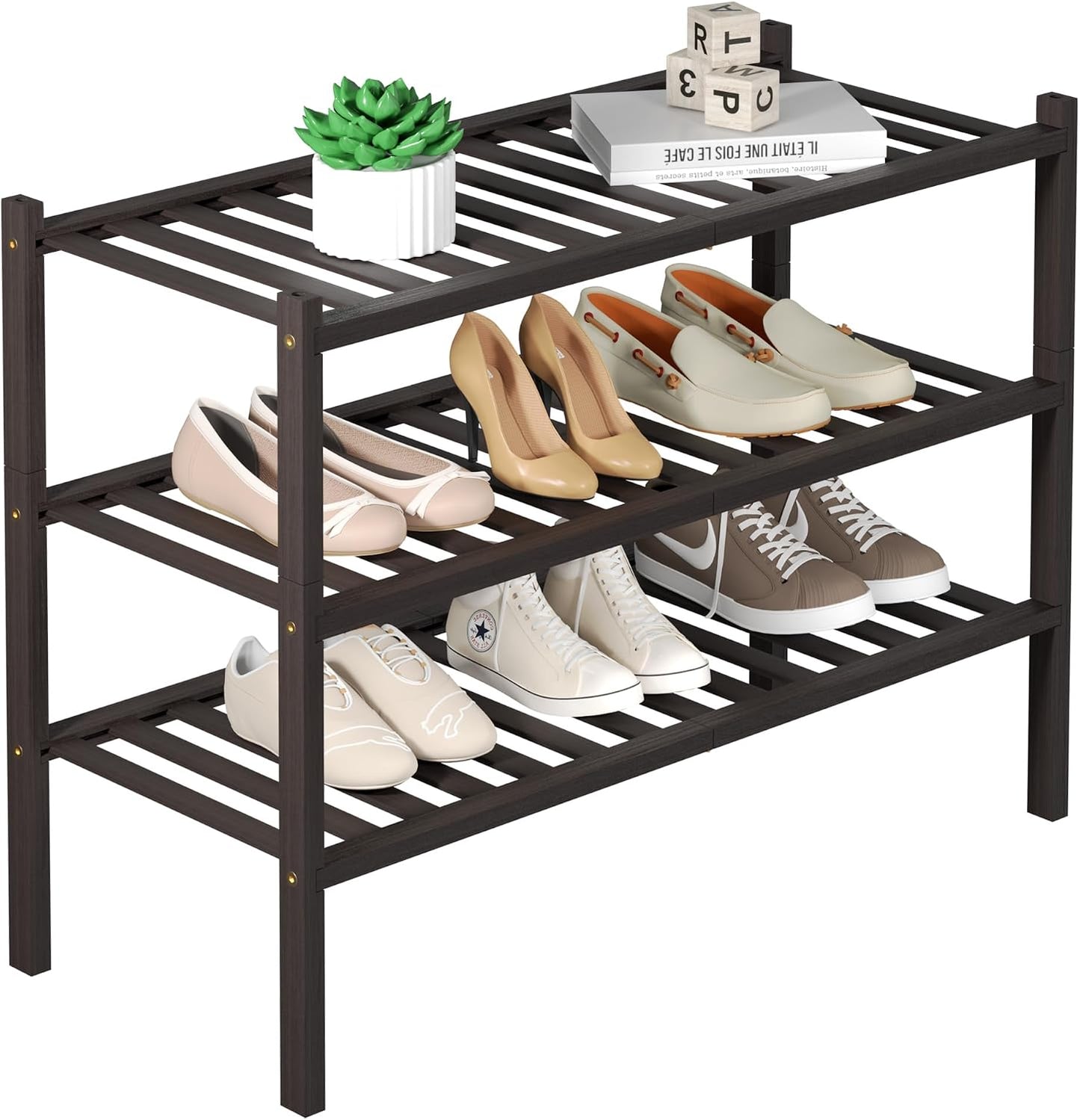 ROMGUAR CRAFT 3 Tier Bamboo Shoe Rack for Closet Free Standing Wood Shoe Shelf Storage Organizer for Entryway Small Space Stackable 27"x11"x20" (Natural)