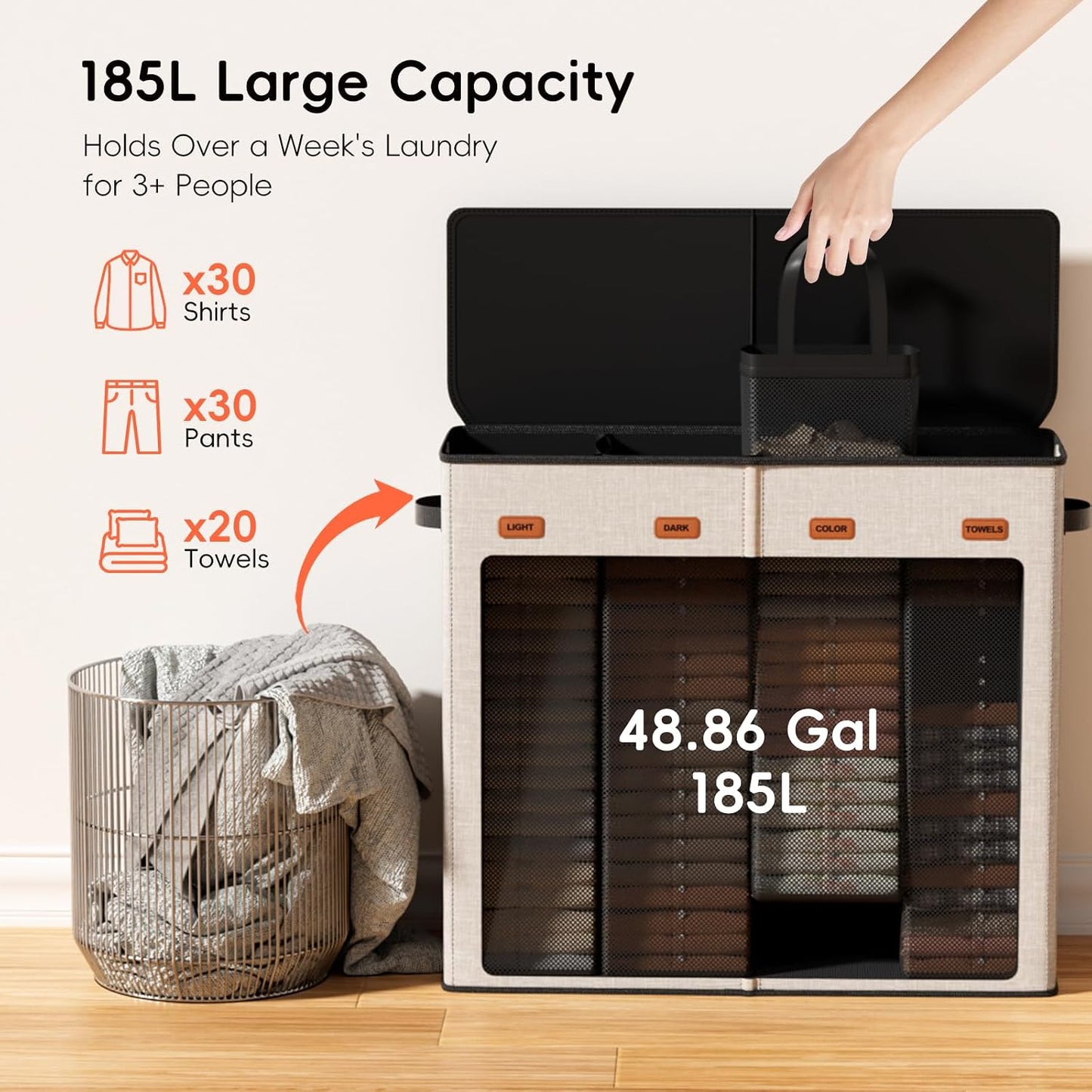 185L Laundry Hamper 3 Section, Laundry Hamper with Lid, Dirty Clothes Hamper with 3 Removable Washing Bags, Extra Large Laundry Basket Organizer for Bedroom, Laundry Room, Dorm - Black