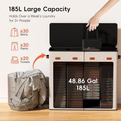 185L Laundry Hamper 3 Section, Laundry Hamper with Lid, Dirty Clothes Hamper with 3 Removable Washing Bags, Extra Large Laundry Basket Organizer for Bedroom, Laundry Room, Dorm - Black