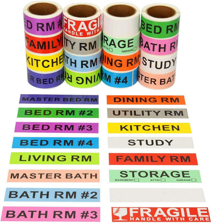 960 Count Home Moving Color Coding Labels - 14 Different Living Spaces Packing Boxes Moving Stickers + 1 Roll Fragile Stickers + 1 Roll Blank Label for Customization - 16 Rolls Total, 60 Labels/Roll