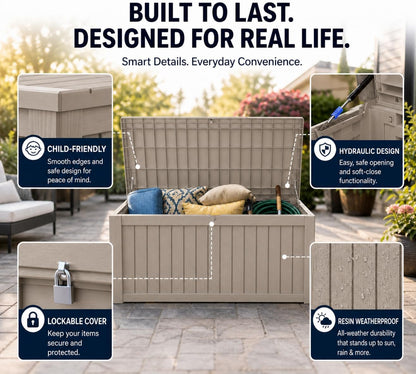 LAUSAINT HOME 320 Gallon Resin Deck Box, Package Delivery Box with Lockable Lid, Waterproof Outdoor Storage Box For Garden Tools, Patio Cushions(320 Gallon,Black)