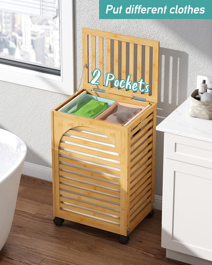 Black Laundry Hamper with Wheels, Laundry Basket with Lid, 22.5 Gallon (85L) Bamboo Wood Clothes Laundry Hamper 2 Section with Handles, Removable Liner