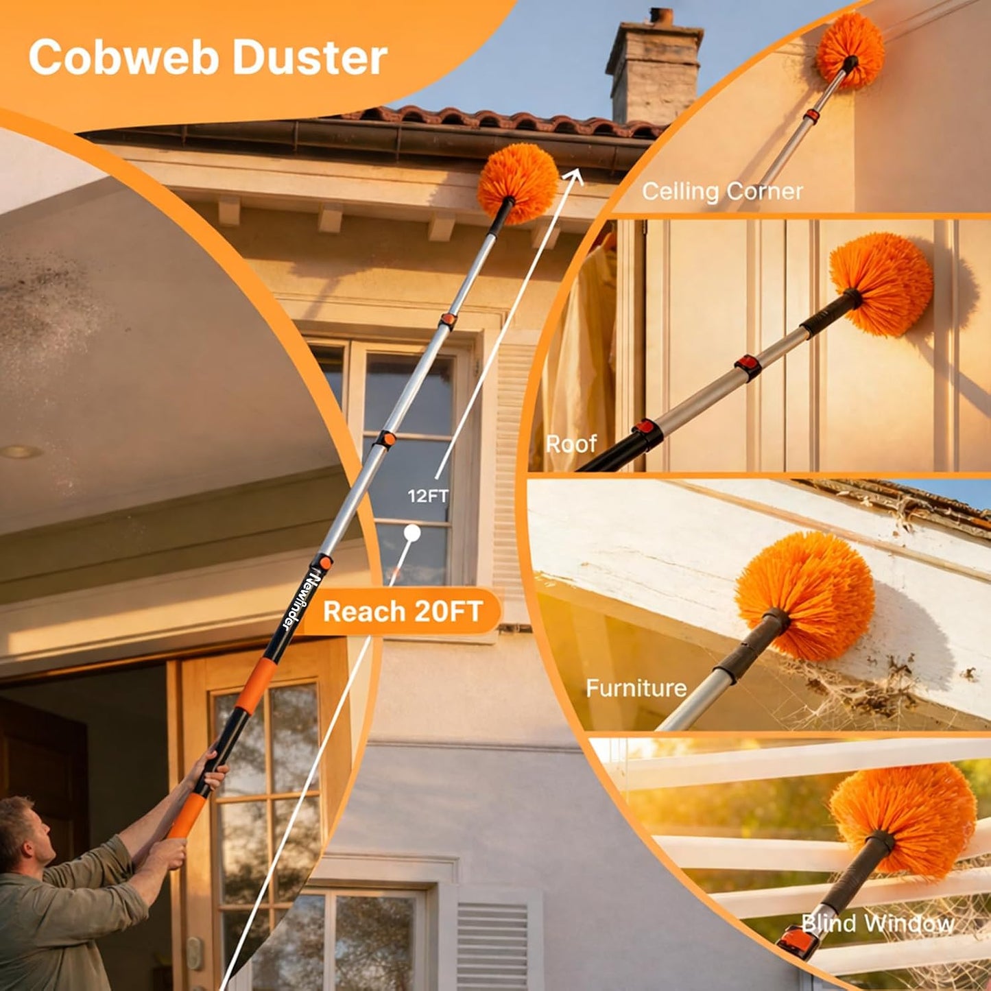 20ft High Ceiling Duster Kit with 4-12ft Heavy-Duty Extension Pole, Ceiling Fan Duster, Cobweb Duster, Microfiber Duster, Window Squeegee & Cleaner, Wall Duster for Home Long Reach Cleaning