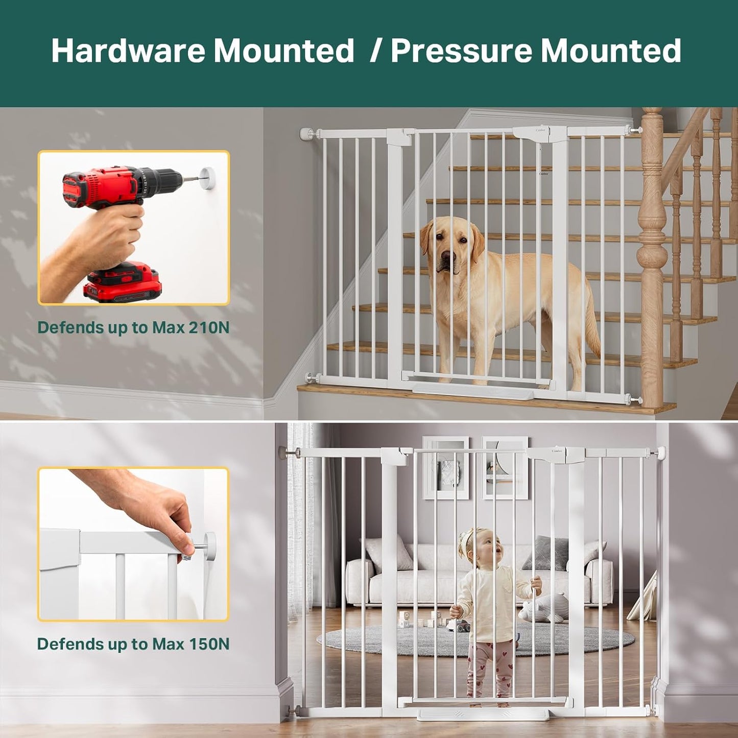 Cumbor 29.7-48" Baby Gate for Stairs, Mom's Choice Awards Winner-Dog Gate for Doorways, Auto Close Safety Pet Gate for Dogs Indoor, Easy Install Pressure Mounted Child Gate with Walk Thru Door, Brown