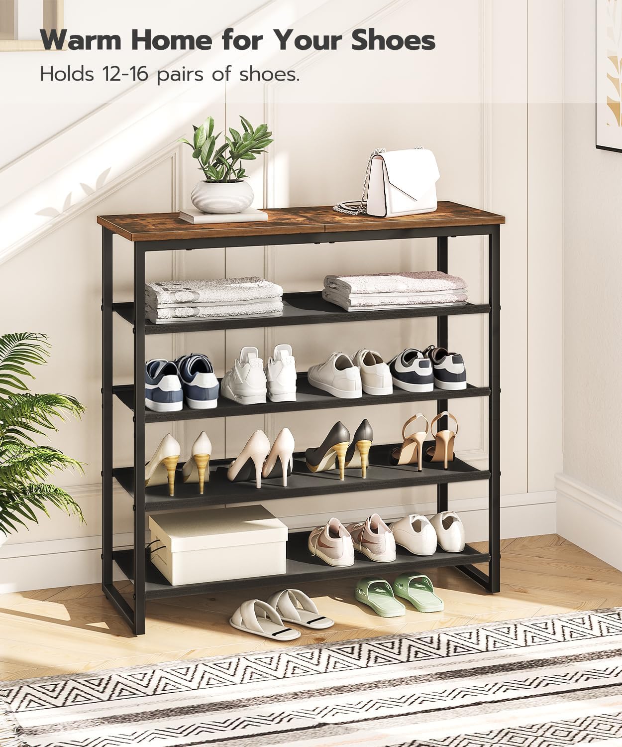 HOOBRO Shoe Rack, 4 Tier Shoe Storage Organizer with 3 Oxford Fabric Shelves and Top Panel, Holds 12-16 Pairs of Shoes for Entryway and Closet, Industrial, Rustic Brown BF47XJ01G1