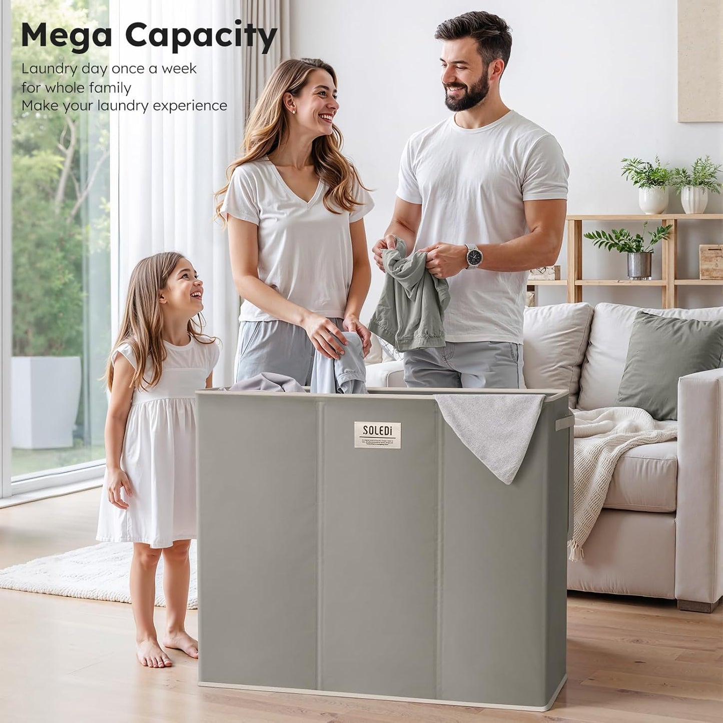 SOLEDI 180L Laundry Hamper 3 Section, Extra Large Laundry Hamper with Lid, Dirty Clothes Hamper with Sturdy Handle, Large Laundry Basket Organizer for Laundry Room, Bedroom, Hampers for Laundry
