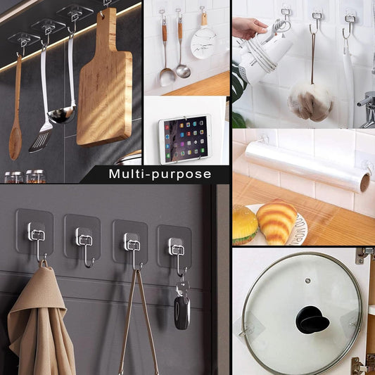 D Global Clear Adhesive Wall Hooks, Heavy Duty Self Adhesive, Waterproof & Removable, No Damage for Bathroom Kitchen Outdoor Use (12 Separable Large Hook)