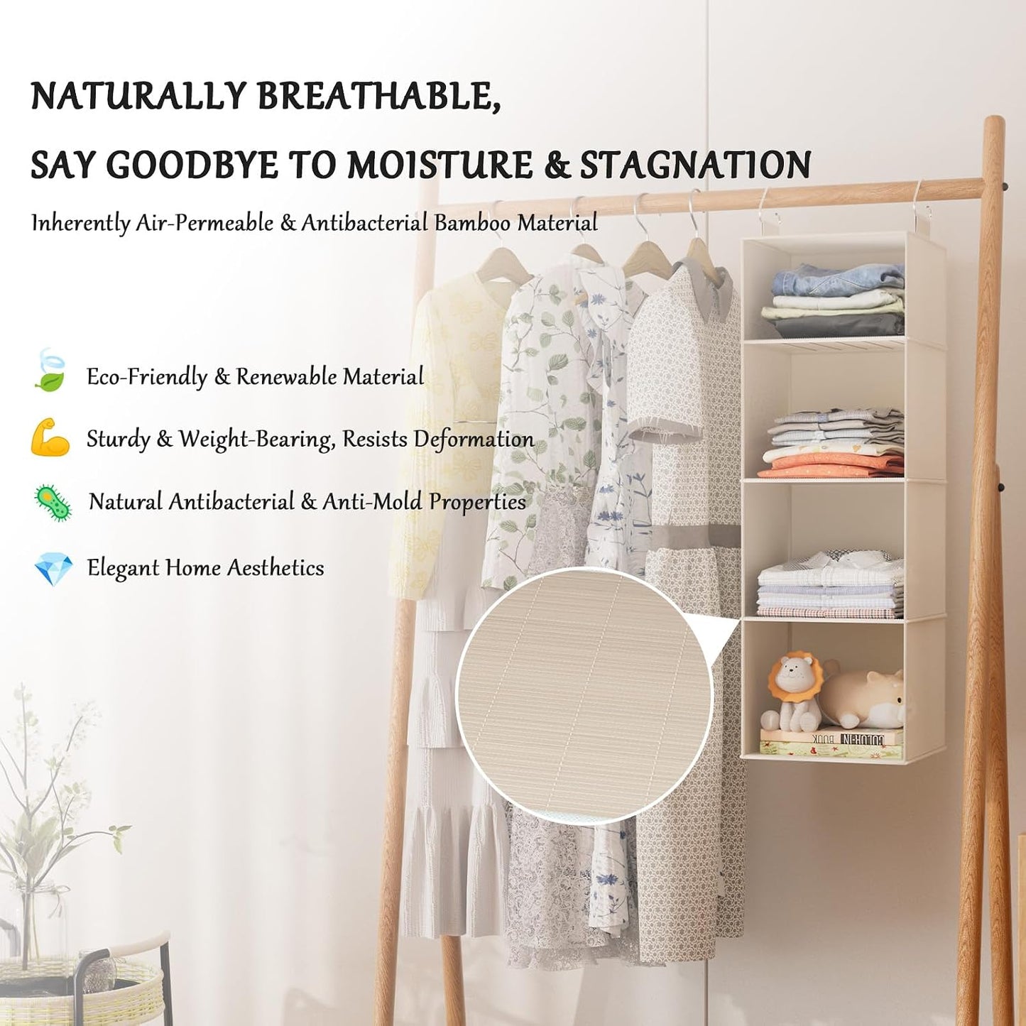 Hanging Shoe Organizer for Closet with 8 Shelves,Mesh Pockets-Wider Hanging Shelves for Shoes,Clothes,Hats with Sturdy Bamboo-Supported Design (Beige)