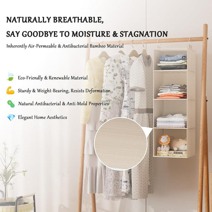 Hanging Shoe Organizer for Closet with 8 Shelves,Mesh Pockets-Wider Hanging Shelves for Shoes,Clothes,Hats with Sturdy Bamboo-Supported Design (Beige)