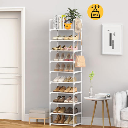 Narrow Shoe Rack 10 Tiers Tall Shoe Rack for Entryway Closet 20 24 Pairs Shoe & Boots Organizer Storage Shelf Durable Black Metal Stackable Shoe Cabinet with Hooks, 17.1D x 11.8W x 78.7H in