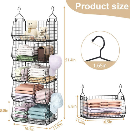 Jautokerdar 4 Tier Hanging Closet Organizer with Dividers,Extra Large Storage Hanging Shelf with 5 S Hooks 4 Dividers,Hang on Wire Closet Shelving Clothes Organizer-Black