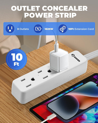 Saker Outlet Concealer Power Strip | 5ft Flat Plug Extension Cord with 3 Outlets,1625W | Universal Size Outlet Cover Baby Proofing | Cover Extension Cord for Kitchen, Home and Office