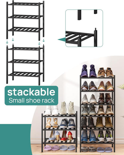 viewcare 3-Tier Black Bamboo Shoe Rack for Entryway, Stackable | Foldable | Natural, Shoe Shelf Storage Organizer for Hallway Closet, Free Standing Shoe Racks for Indoor Outdoor