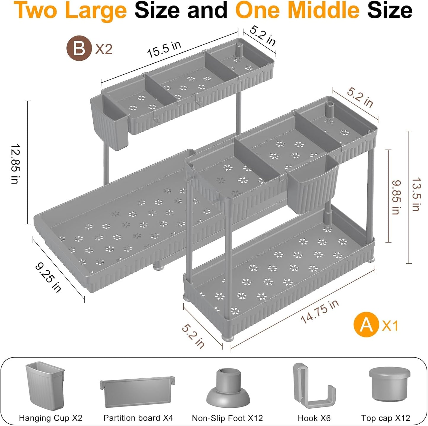 Sevenblue 3 Pack Multi-Purpose Pull-Out Storage Organizers, 2-Tier L-Shaped Under Sink/Cabinet Organizers and Storage for Bathroom & Kitchen, (Black, 12.85 Inches)