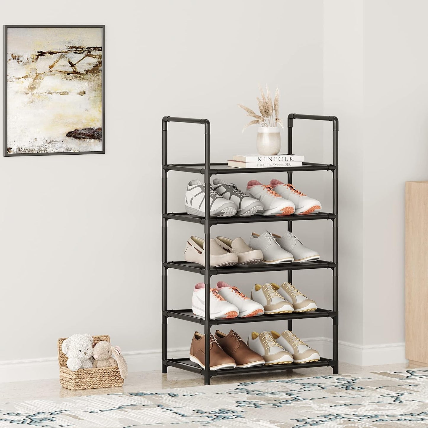Small Shoe Rack 6-8 Pairs Sturdy Shoe Shelf 4-Tiers Narrow Stackable Shoe Organizer,Lightweight Kids Shoe Racks for Entryway, Doorway and Closet（Black）