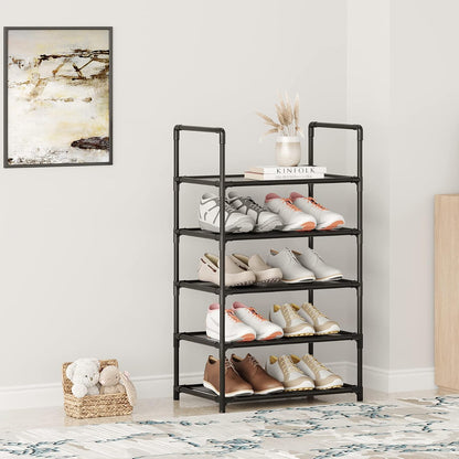 Small Shoe Rack 6-8 Pairs Sturdy Shoe Shelf 4-Tiers Narrow Stackable Shoe Organizer,Lightweight Kids Shoe Racks for Entryway, Doorway and Closet（Black）