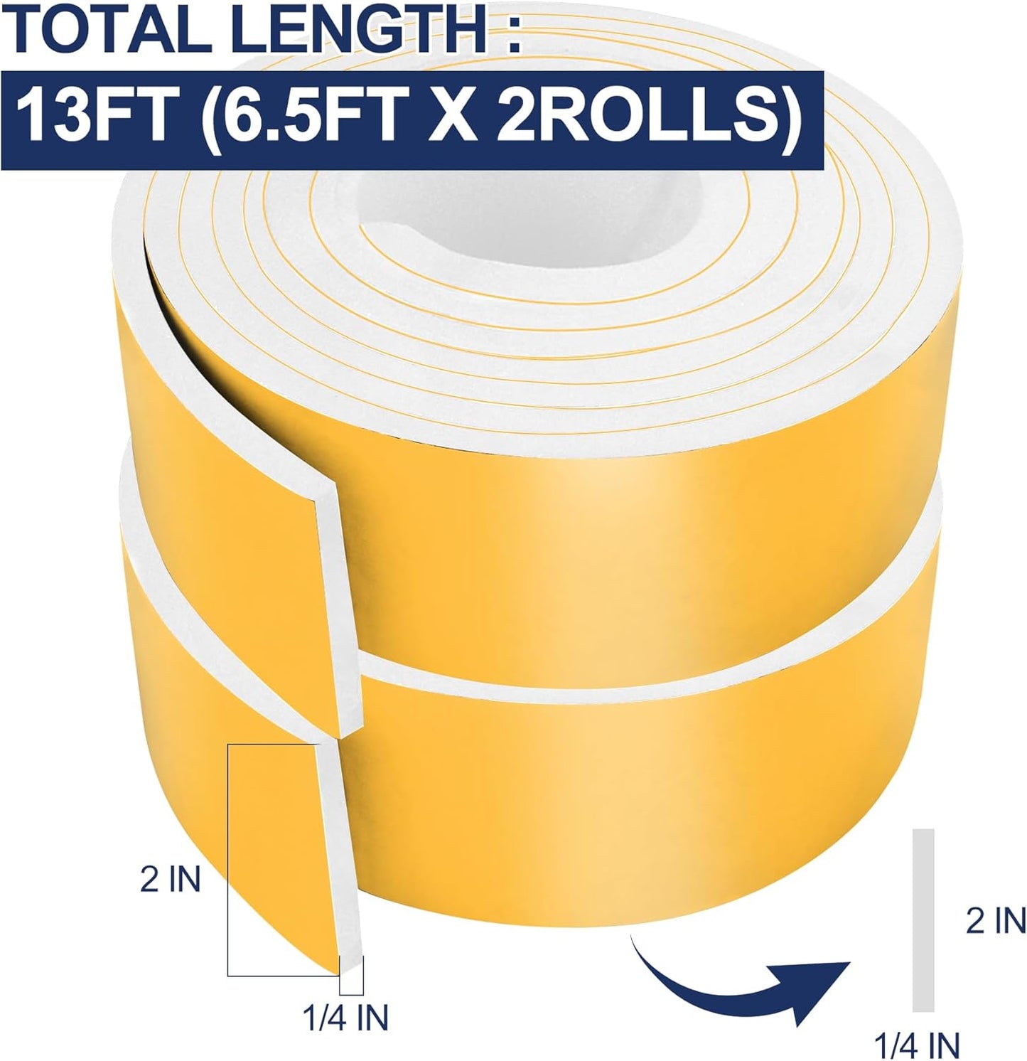 66Ft Foam Tapes Self Adhesive Foam Seal Strips 1/2In x 1/8In x 33.1Ft Each Roll Weatherstrips High Resilience Weather Stripping Door Seals for Door Soundproofing, Window Insulation (2R, White)