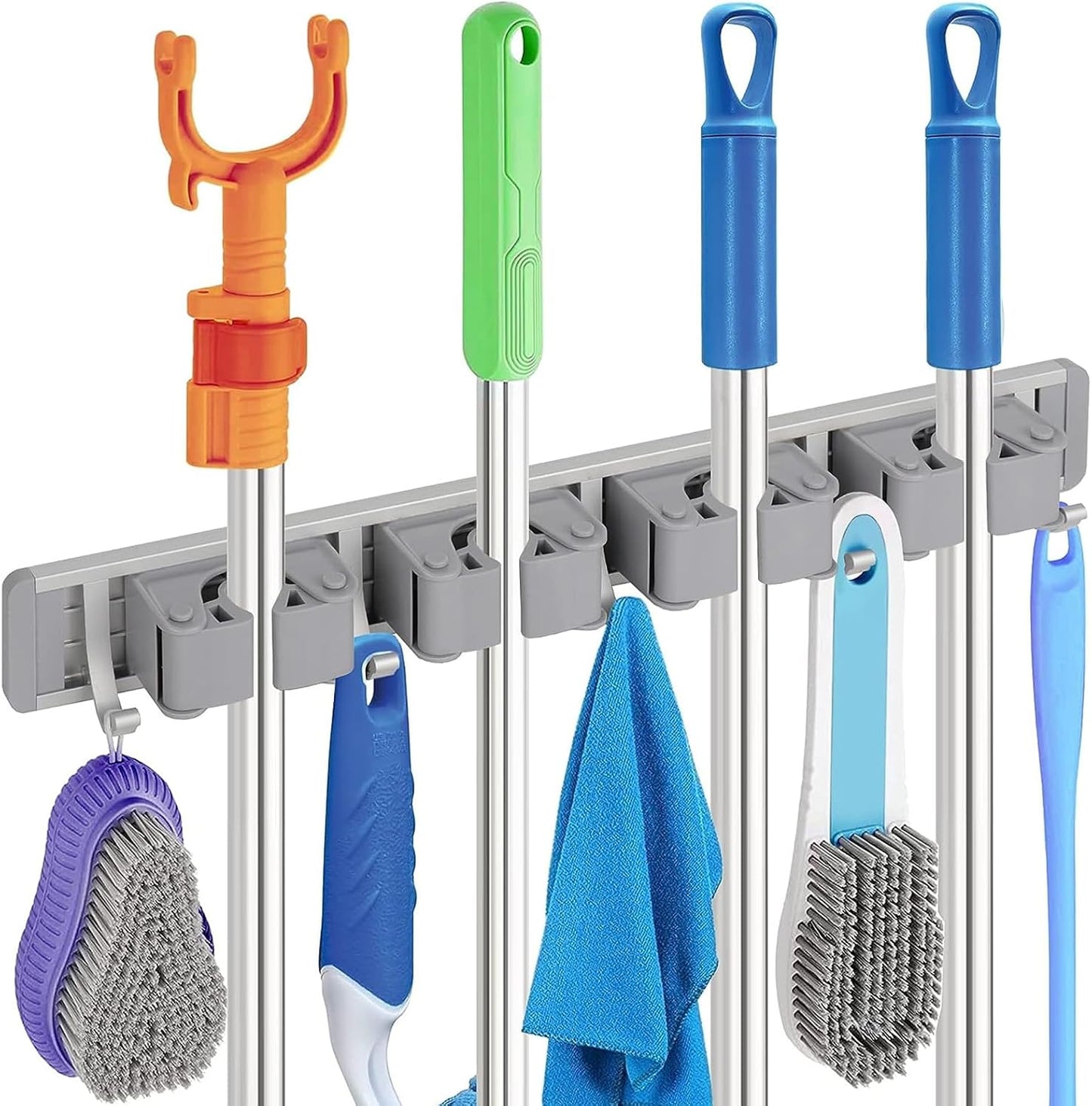 Broom Holder Wall Mount Movable Hooks and Clips Mop and Broom Hanger Wall Mounted Aluminum Garage Tool Organizer Storage Adhesive (Silver: 5 clips with 6 hooks)
