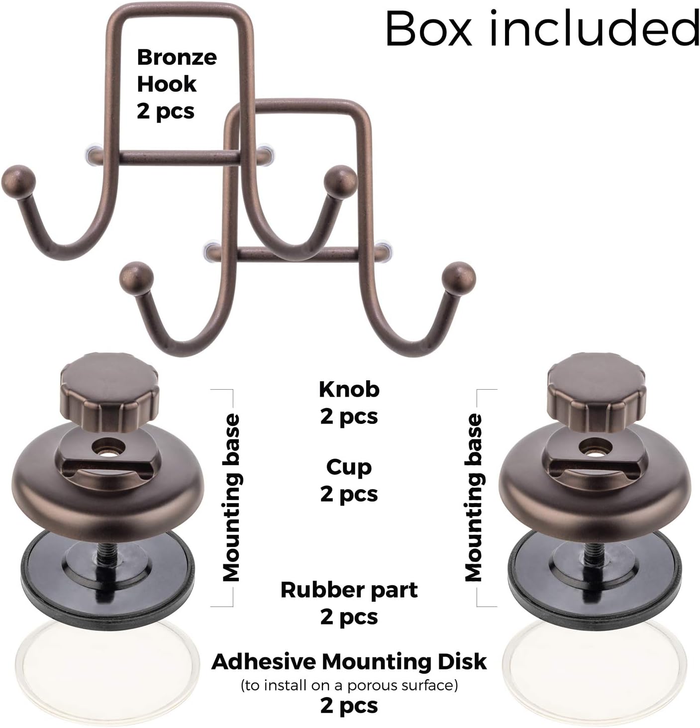 HASKO Suction Cup Hooks for Shower Wall, Removable Towel Hooks for bathrooms, Includes Optional No Drill Adhesive Mount for Inside Shower, Rustproof Stainless Steel - 2 Pack, Bronze