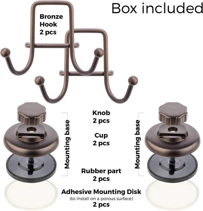 HASKO Suction Cup Hooks for Shower Wall, Removable Towel Hooks for bathrooms, Includes Optional No Drill Adhesive Mount for Inside Shower, Rustproof Stainless Steel - 2 Pack, Bronze