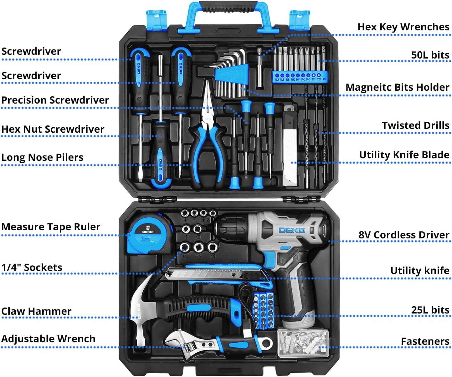 DEKOPRO Tool Set：Tool Kit with 8V Cordless Drill,Tool Box with Drill,Hand Drill Set for Men & Women,Home Tool Kits for House Repair,Handyman,DIY 126 Piece