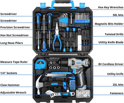 DEKOPRO Tool Set：Tool Kit with 8V Cordless Drill,Tool Box with Drill,Hand Drill Set for Men & Women,Home Tool Kits for House Repair,Handyman,DIY 126 Piece