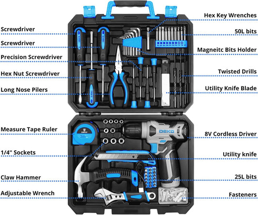 DEKOPRO Tool Set：Tool Kit with 8V Cordless Drill,Tool Box with Drill,Hand Drill Set for Men & Women,Home Tool Kits for House Repair,Handyman,DIY 126 Piece