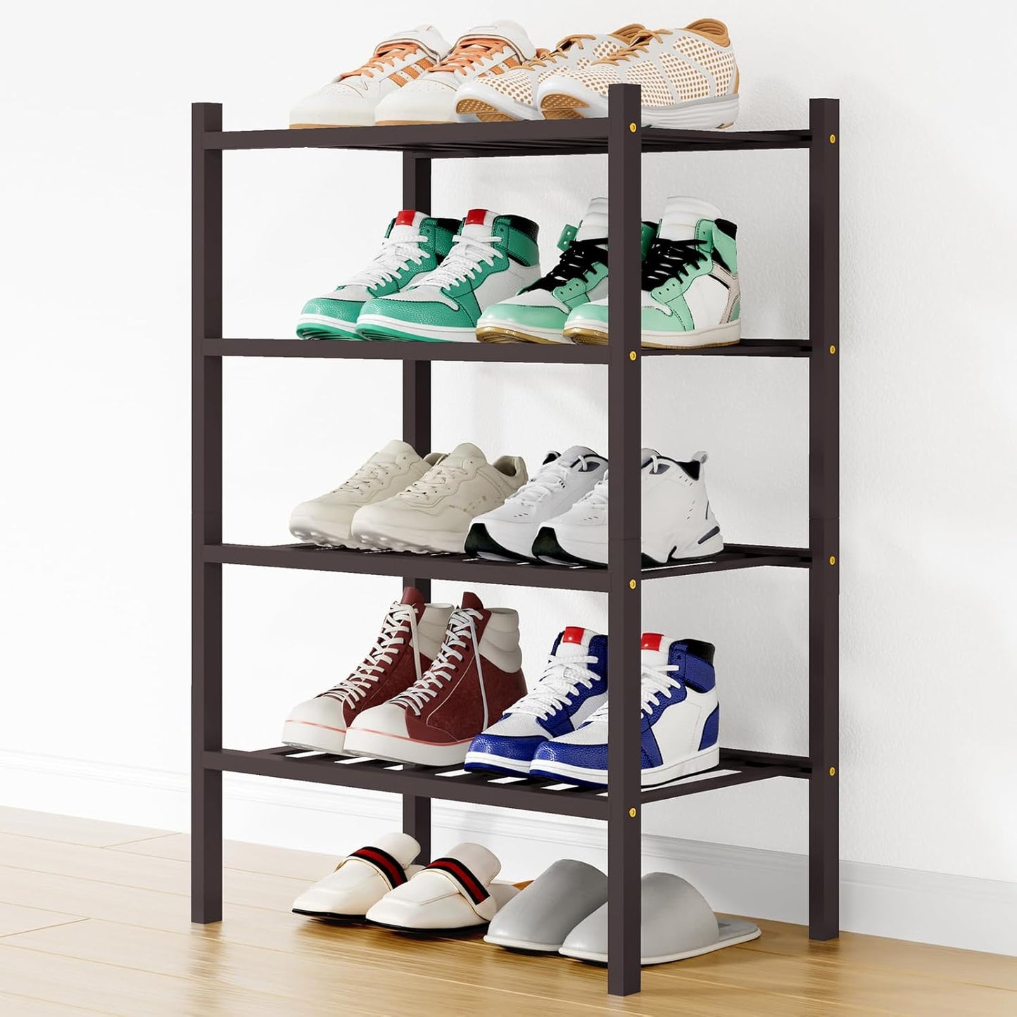 Smiry Bamboo Shoe Rack, 3 Tier Free Standing Wooden Shoe Organizer, Stackable Wood Shoe Storage Shelf for Closet, Entryway, 12 Vertical Slats, 2+1 Stack Standard Legs, 26.8"x11"x19.5", Natural