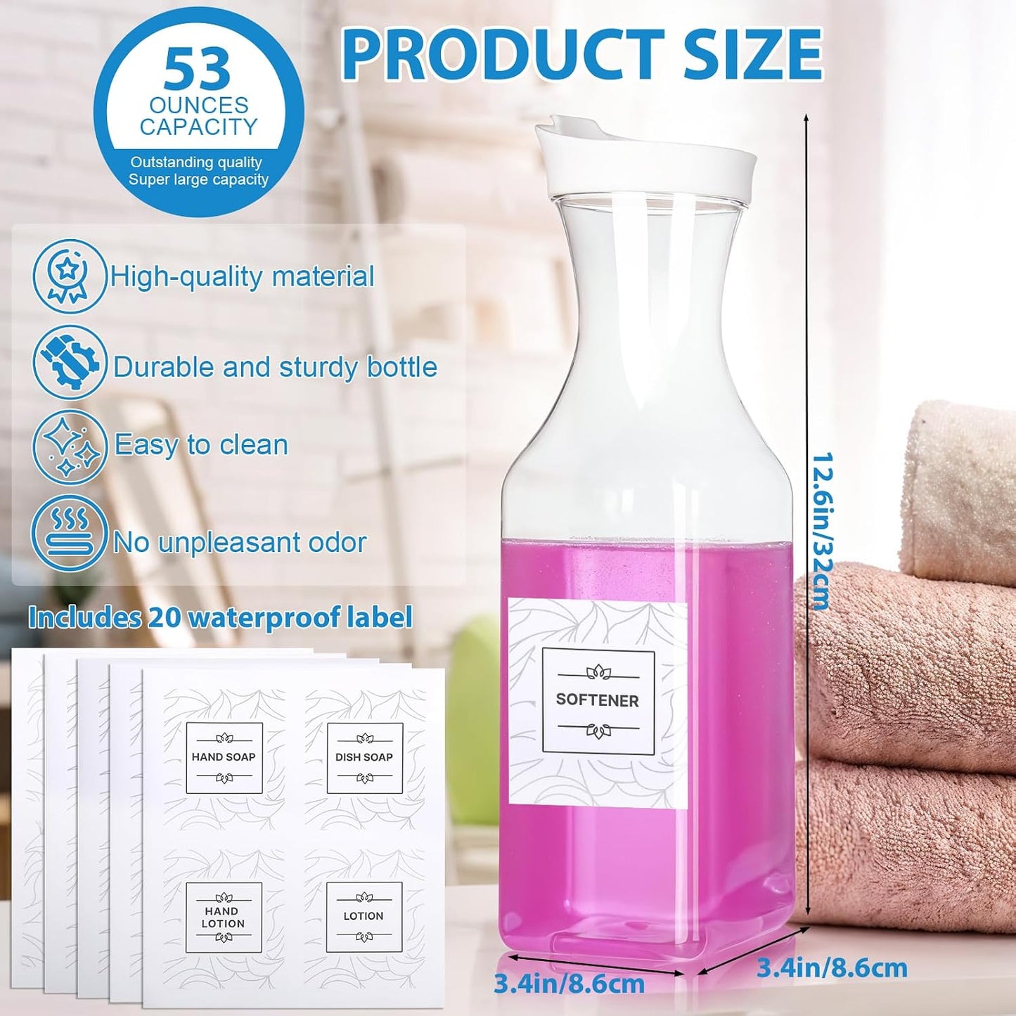 VZZNN 6 Pack Laundry Detergent Dispenser 53 oz Laundry Soap Dispenser with 20 Label Laundry Room Organization for Liquid Powder Bleach Scent Booster Beads