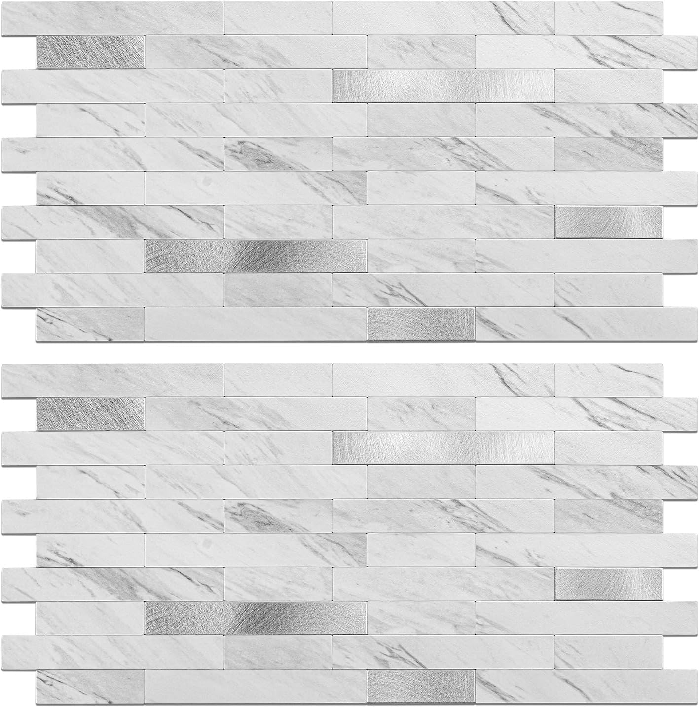Peel and Stick Backsplash Tile Waterproof Removable PVC Wall Sticker 3D Faux Stone Marble Brick White Accent Panels (White Marble - Metal Silver, 20 Tiles - 9 sq. ft. (0.84 M²))