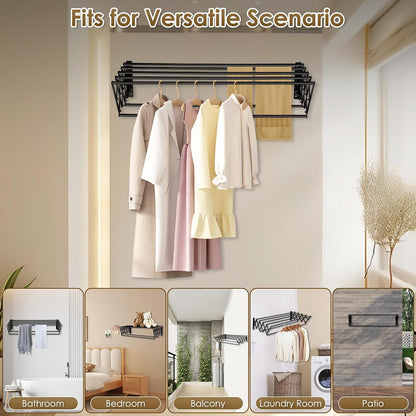 XL-31.5" Wall Mounted Clothes Drying Rack, 130 LBS Large Capacity Rustproof Retractable Clothes Rack, Collapsible Drying Rack Easy to Install with 7 Drying Rods, Space Saving for Laundry-White