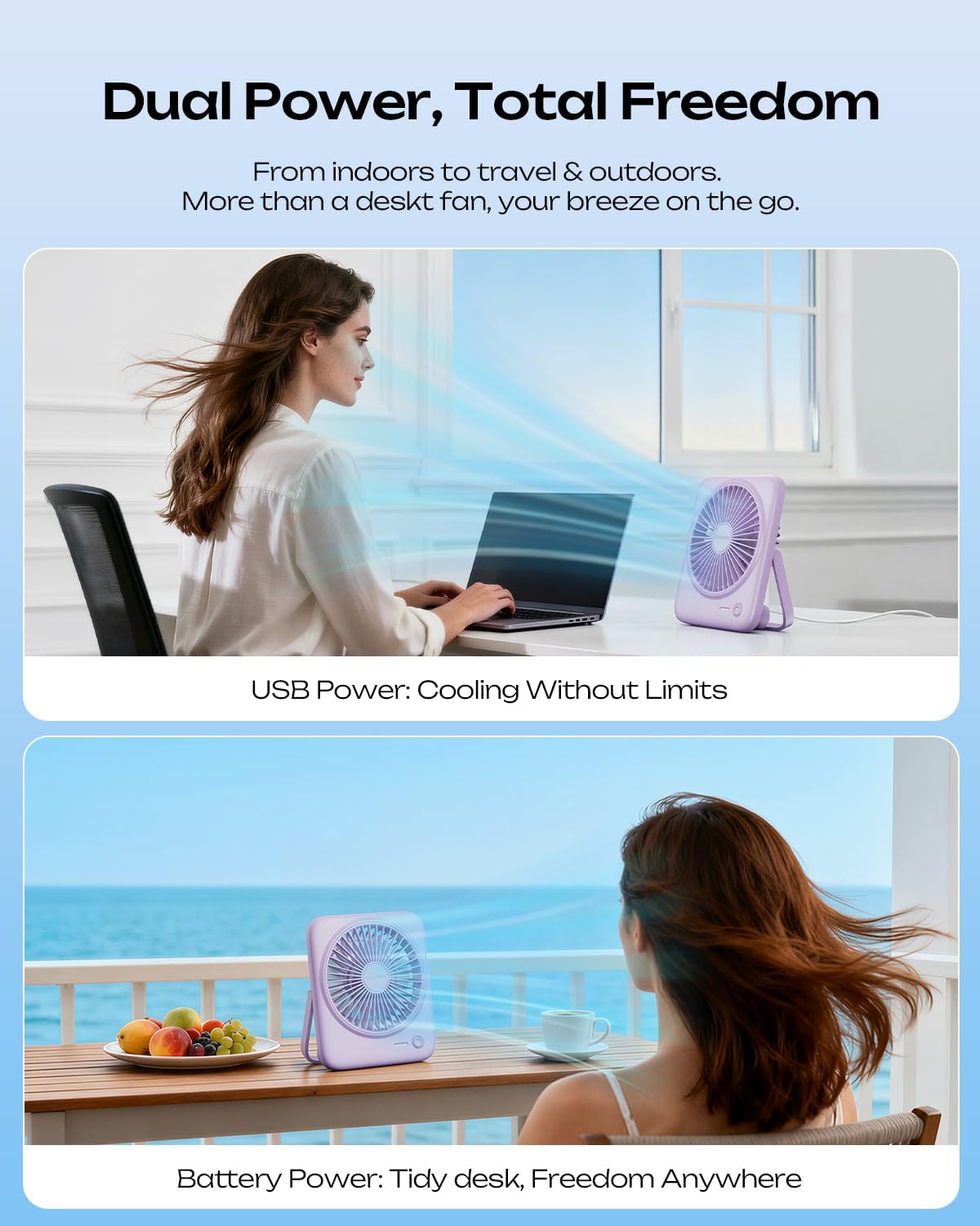 Otlonpe Personal Portable Desk Fan, 4000mAh Small Rechargeable Portable Fan Battery Operated & USB Powered for Travel Sleeping Bedroom Office Home Table, Cordless, Quiet, 4-Speed, 6.5 Inch (Black)