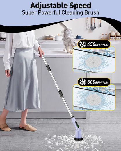 Shower Scrubber with Long Handle, Shower Cleaner Brush with 8 Floor Machine Pads, Cordless Electric Spin Scrubber for Cleaning with 2 Speed, Cleaning Supplies for Bathroom Bathtub Kitchen Floor Tile