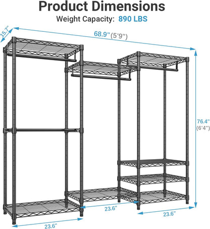 VIPEK V5 Heavy Duty Clothes Rack, Portable Closet Wardrobe with 4 Hanging Rods & 8 Shelves, Freestanding Adjustable Garment Rack for Bedroom, Walk-in Closet, 890 lbs Capacity, Black, 68.9" L