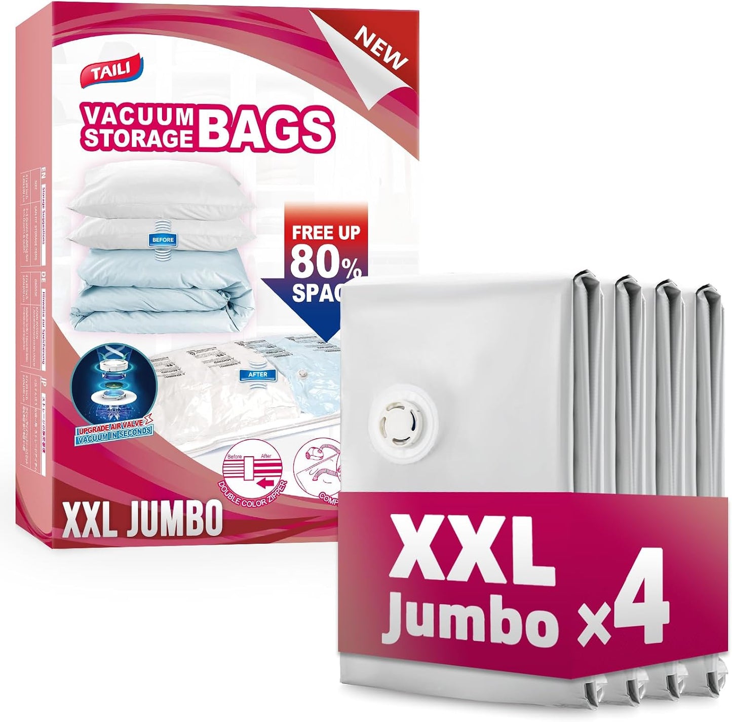 TAILI 8 Pack Jumbo Vacuum Storage Bags, 39x28 inch, LONG SIDE ZIP Vacuum Seal Bags for Clothing, Space Saver for Beddings, Comforters, Blankets, Pillows