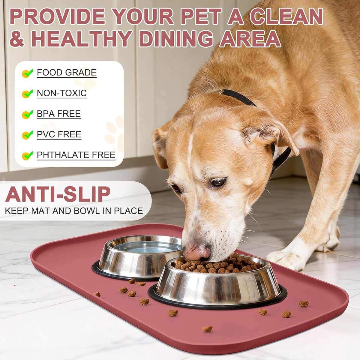 SMILOOL Silicone Pet Food Mat with Raised Edge for Food and Water Bowl, Dog Feeding Mats, Cat Food Trays for Floor Waterproof, Rubber Tray for Dogs and Cats, 19 x 12 x 0.7 Black