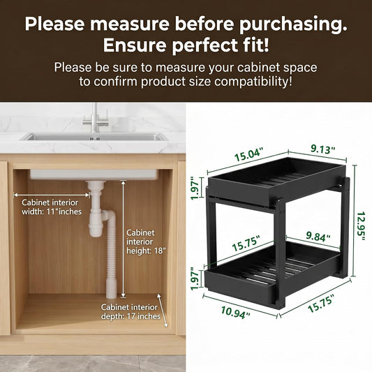 Bamboo Under Sink Organizer Adjustable Height 2 Tier Bathroom Organizer Pull Out Cabinet Storage Kitchen Heave Duty Wood Slide Ou Shelf for Kitchen Bathroom (Black, 2 Packs) (Black, 2 Pack)