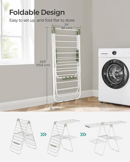 SONGMICS Clothes Drying Rack, Foldable 2-Level Laundry Drying Rack, Free-Standing Laundry Airer, with Height-Adjustable Wings, 33 Drying Rails, Sock Clips, Silver and Blue ULLR53BUV1