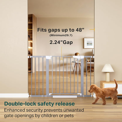 Cumbor 29.7-48" Baby Gate for Stairs, Mom's Choice Awards Winner-Dog Gate for Doorways, Auto Close Safety Pet Gate for Dogs Indoor, Easy Install Pressure Mounted Child Gate with Walk Thru Door, Brown