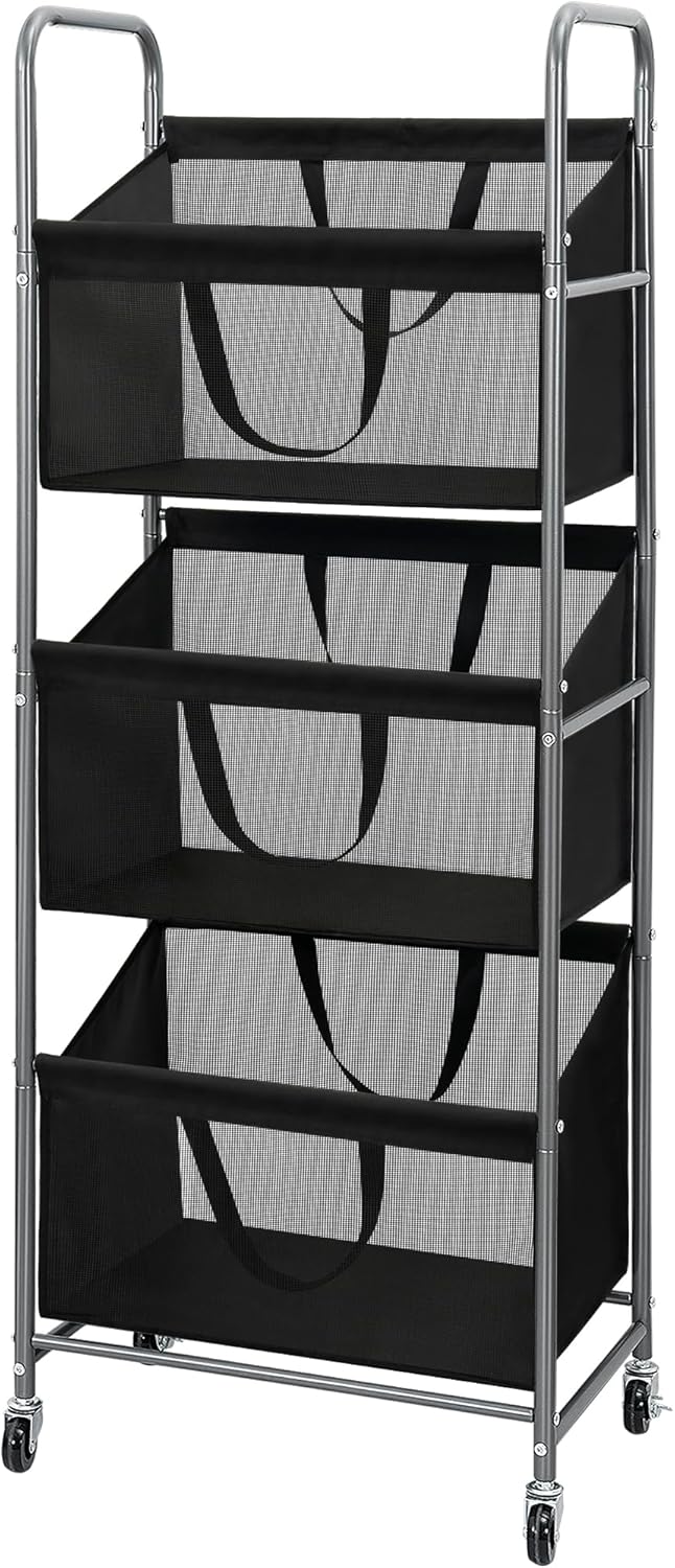 STO STO 3-Tier Vertical Laundry Hamper with Wheels, 120L Rolling Laundry Sorter with 3 Removable Breathable Mesh Bags, Rust-Resistant Steel Frame for Small Spaces, Apartment, Dorm, Black Mesh
