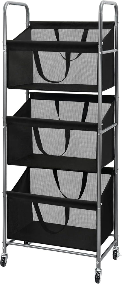 STO STO 3-Tier Vertical Laundry Hamper with Wheels, 120L Rolling Laundry Sorter with 3 Removable Breathable Mesh Bags, Rust-Resistant Steel Frame for Small Spaces, Apartment, Dorm, Black Mesh