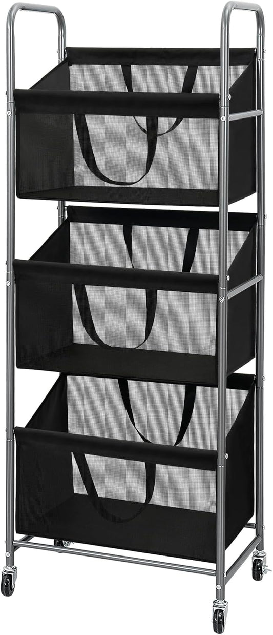 STO STO 3-Tier Vertical Laundry Hamper with Wheels, 120L Rolling Laundry Sorter with 3 Removable Breathable Mesh Bags, Rust-Resistant Steel Frame for Small Spaces, Apartment, Dorm, Black Mesh
