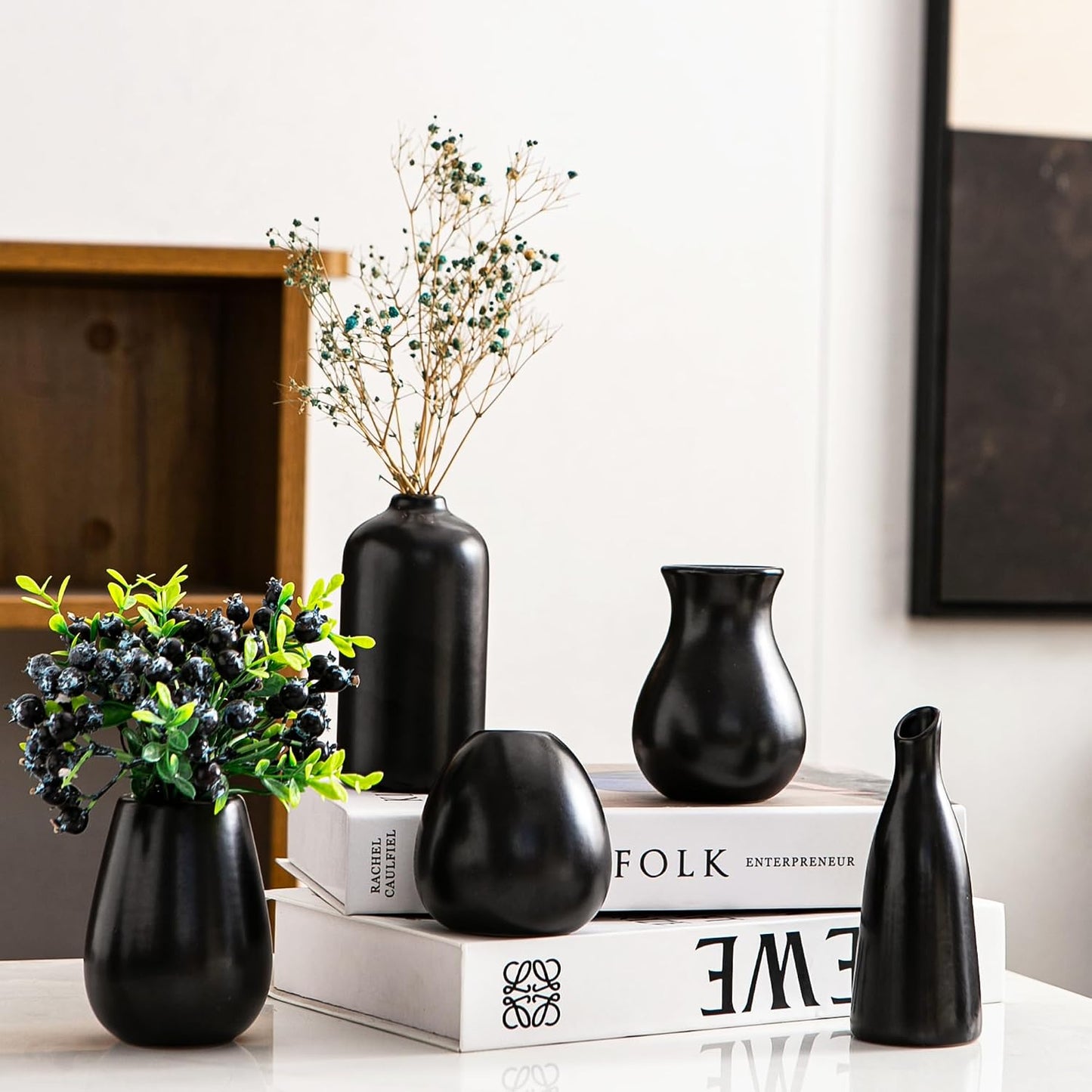 Small Ceramic Vase Set of 5, Modern White Vase, Bud Vase, Boho Decorative Vase for Fireplace, Entryway and Living Room, Centerpiece Table Decorations