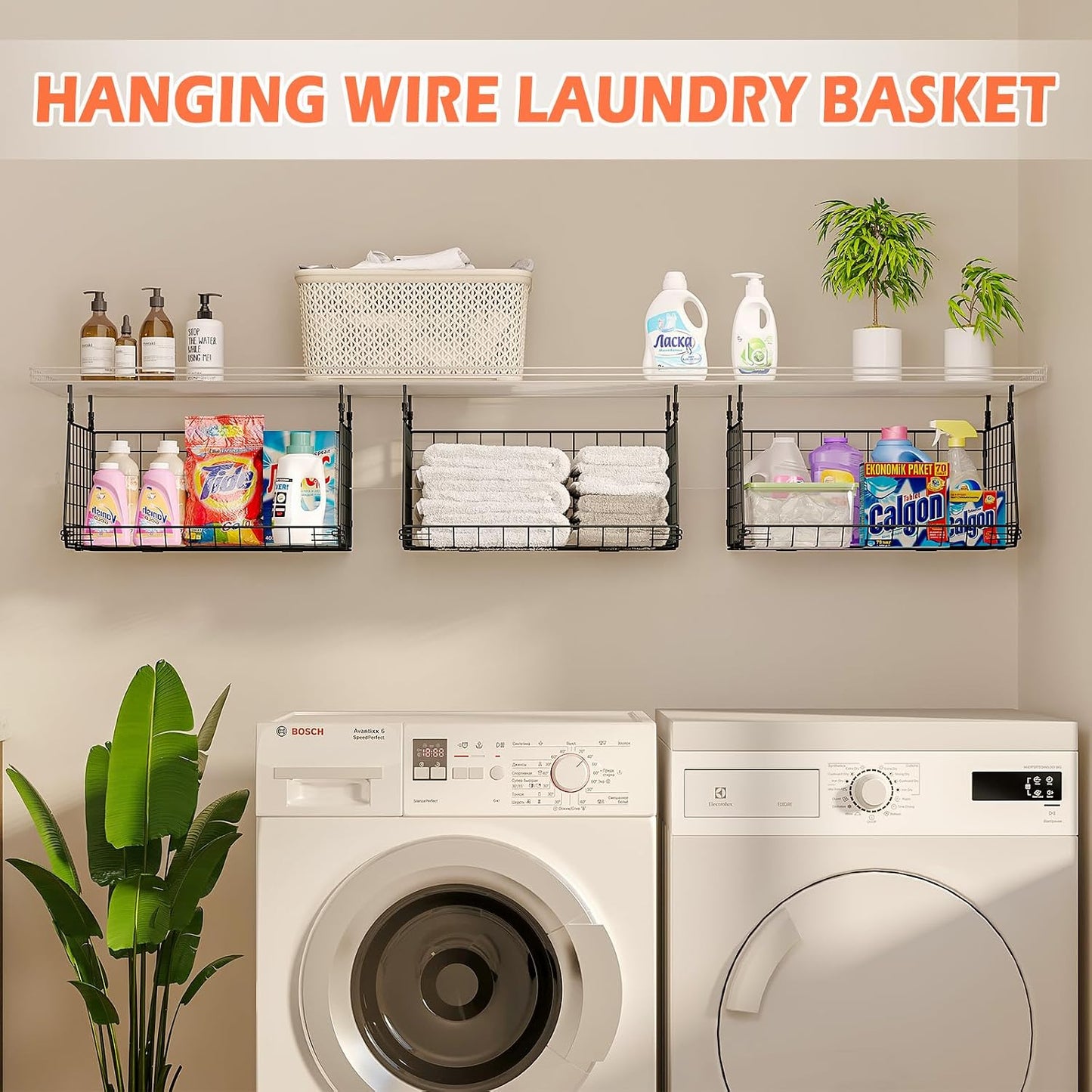 4-Tier Hanging Laundry Room Organizer: Foldable Wire Shelf Basket with 2 Large Hooks 1.65" & 360°Rotating Hooks – Space-Saving Laundry Storage Basket, for Wardrobe Closet Storage, White Patent