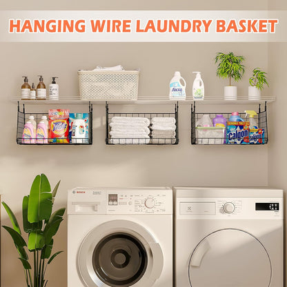 4-Tier Hanging Laundry Room Organizer: Foldable Wire Shelf Basket with 2 Large Hooks 1.65" & 360°Rotating Hooks – Space-Saving Laundry Storage Basket, for Wardrobe Closet Storage, White Patent