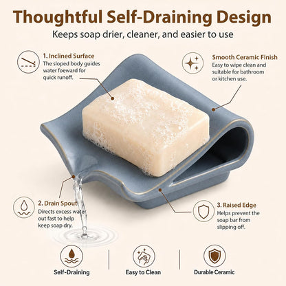 Zoeeker Self-Draining Soap Dish, Ceramic Soap Holder with Drain Spout Waterfall Drying Tray for Shower Bathroom Kitchen Sink Bathtub, Keep Soap Bars Dry, Blue