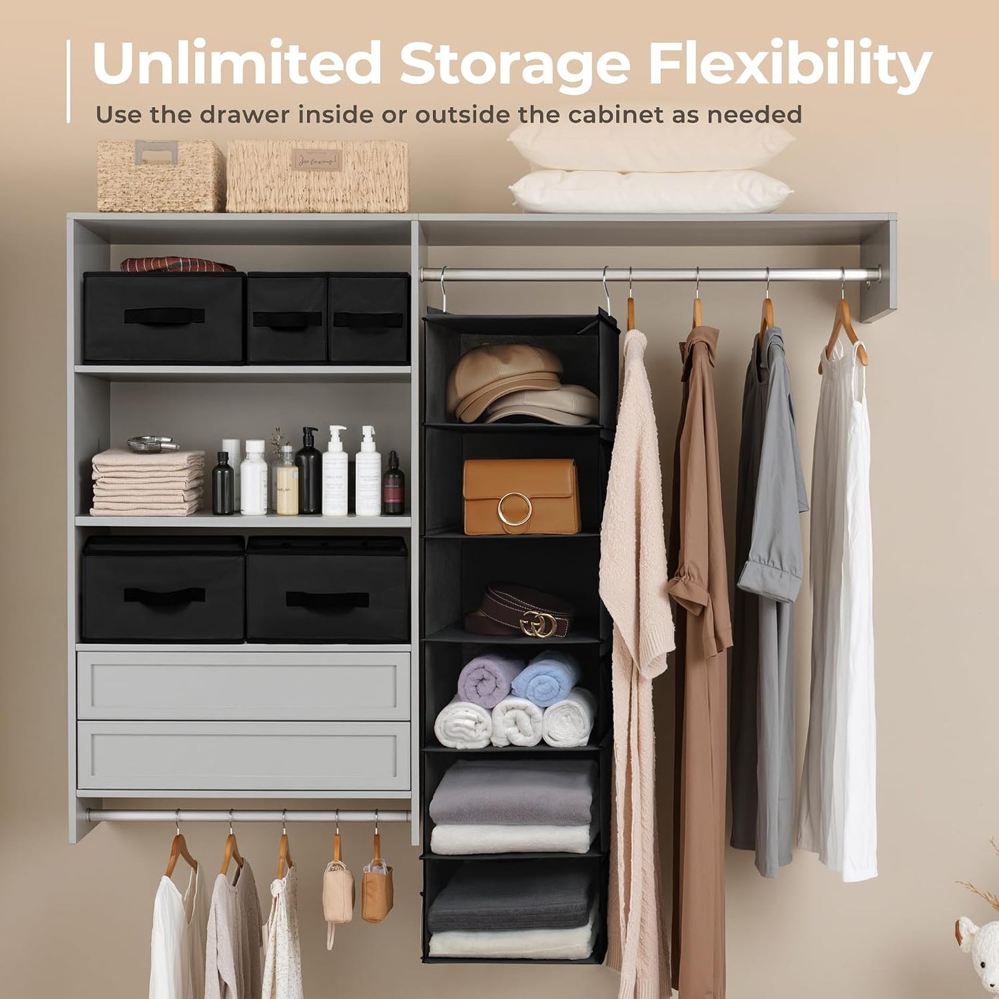 GRANNY SAYS Hanging Closet Organizer 6 Shelves, Closet Organizers and Storage with 5 Drawers, 6 Side Pockets Closet Hanging Organizer, Hanging Storage Organizer for Closet, Baby Clothes, Gray