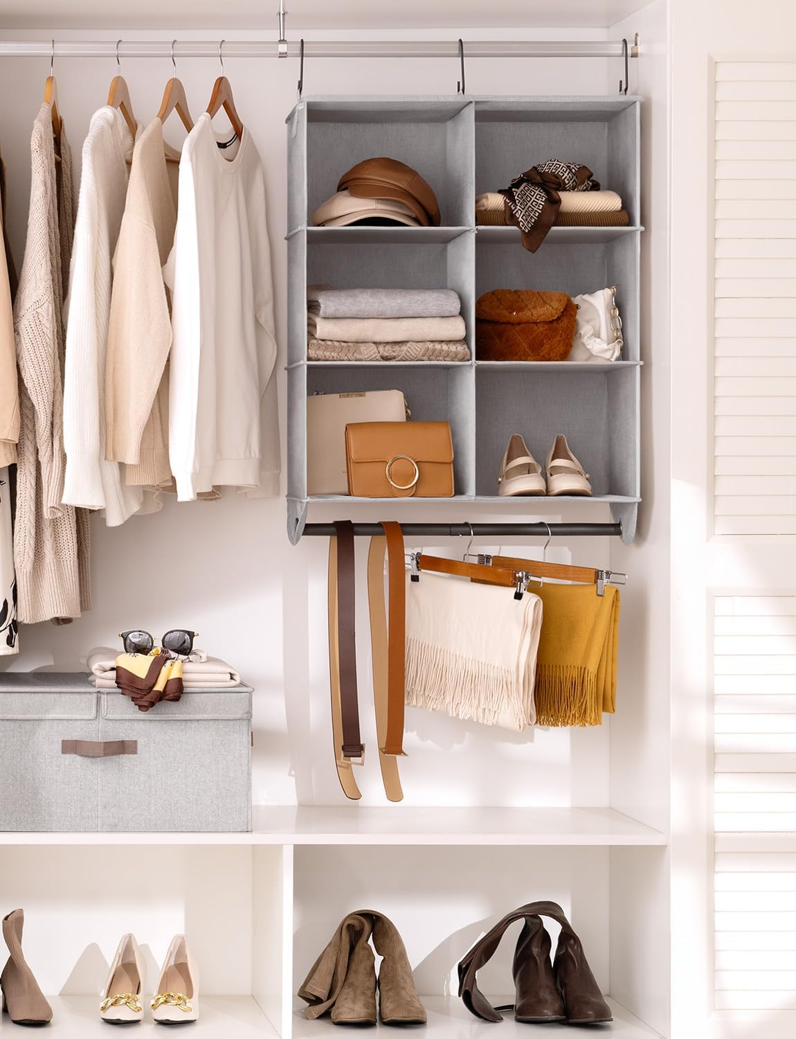 StorageWorks Hanging Closet Organizer with Metal Rod, 4-Section Closet Organizers and Storage, Collapsible Hanging Shelves for Baby Clothes, Shoes, Sweater Storage, Ivory and White